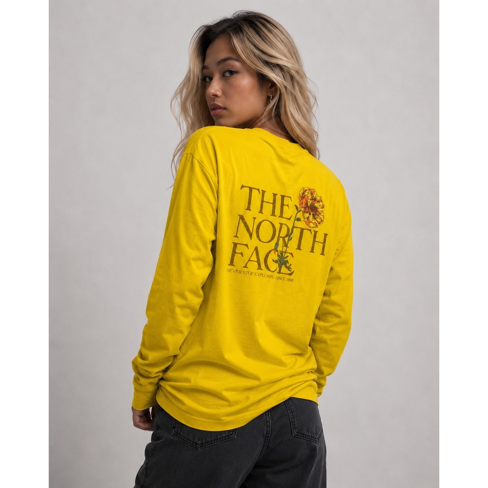 The North Face Womens Yellow Floral Graphic Long Sleeve T-Shirt 2X Relaxed Fit